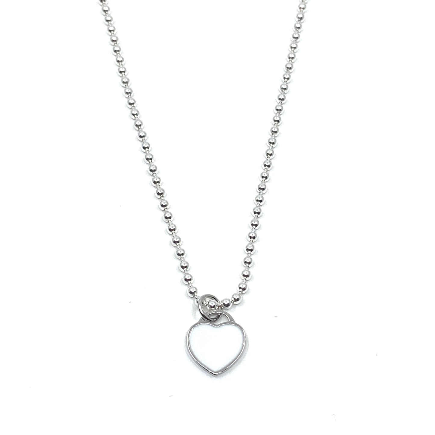 Sterling Silver Ball Chain Necklace with a suspended White heart charm 