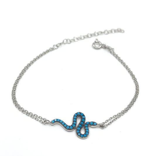 Sterling Silver Coiled Snake Symbol Bracelet with blue cz stones