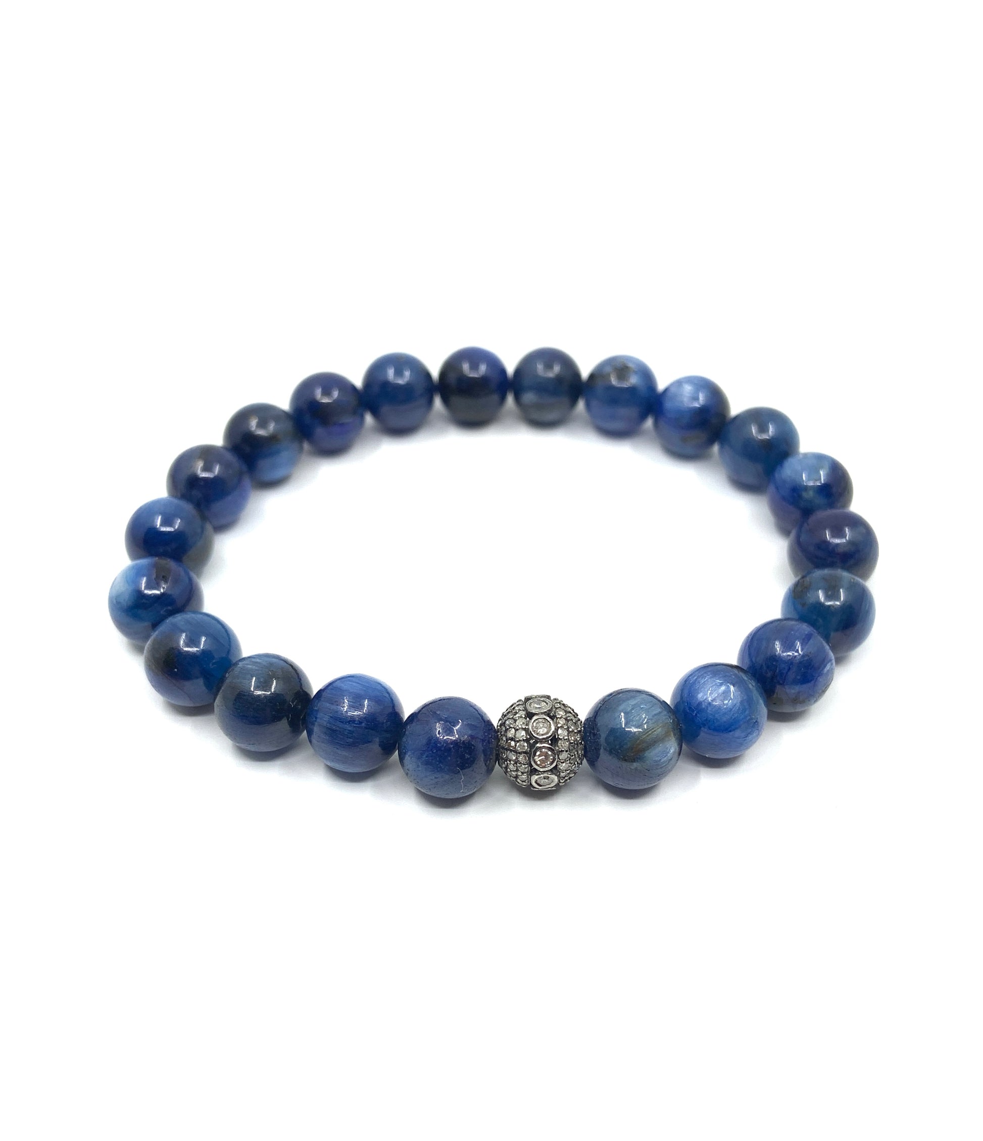 Blue kyanite beaded bracelet with sterling silver diamond accent