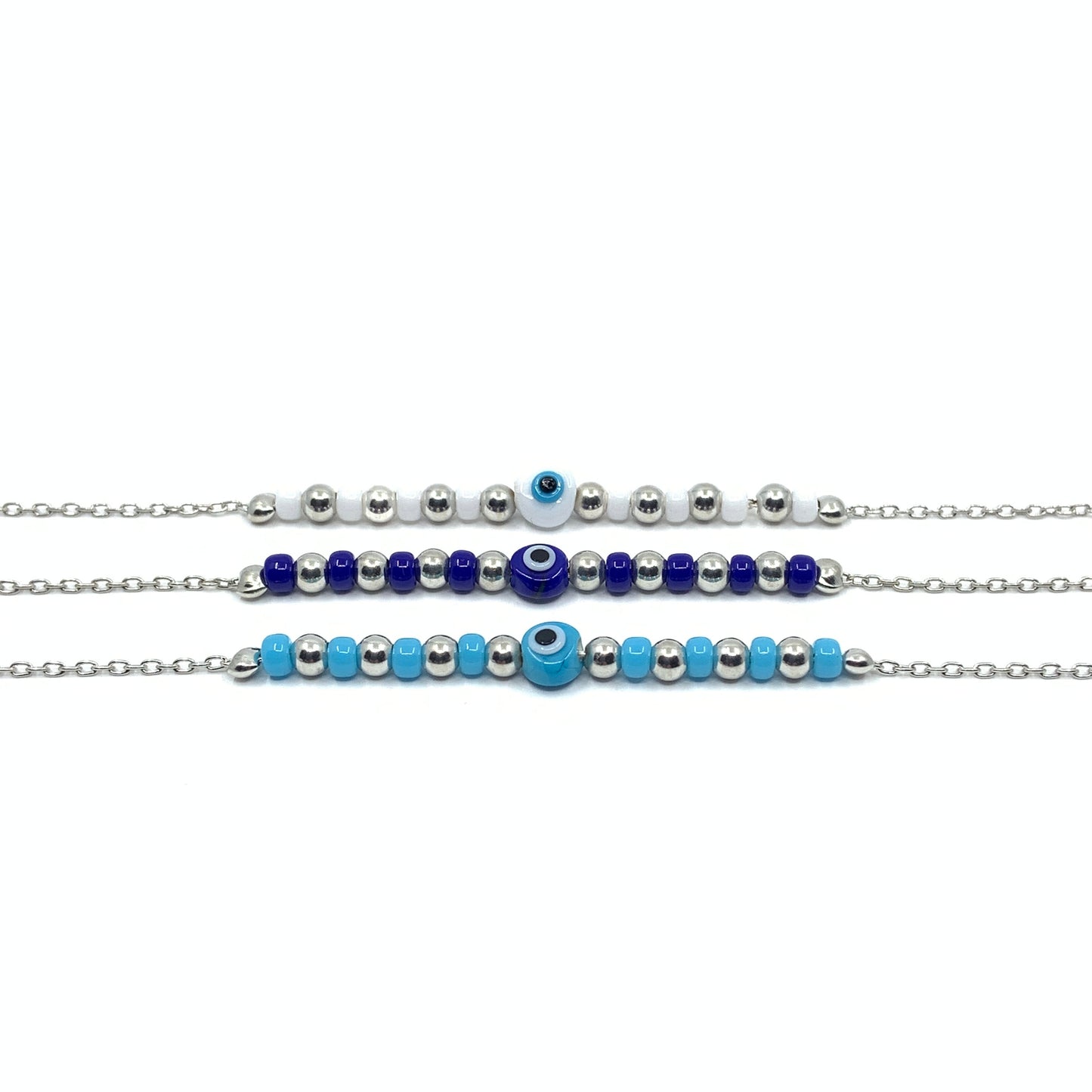 White, Royal Blue and Light Blue Miyuki Bead Evil Eye Bracelet