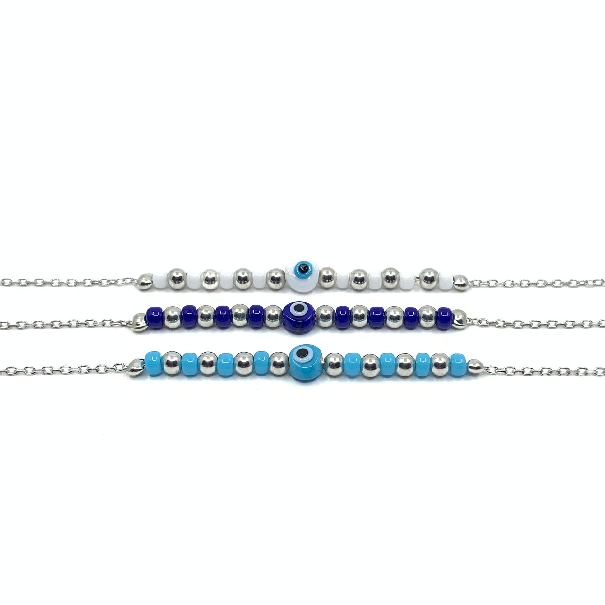 White, Royal Blue and Light Blue Miyuki Bead Evil Eye Bracelet