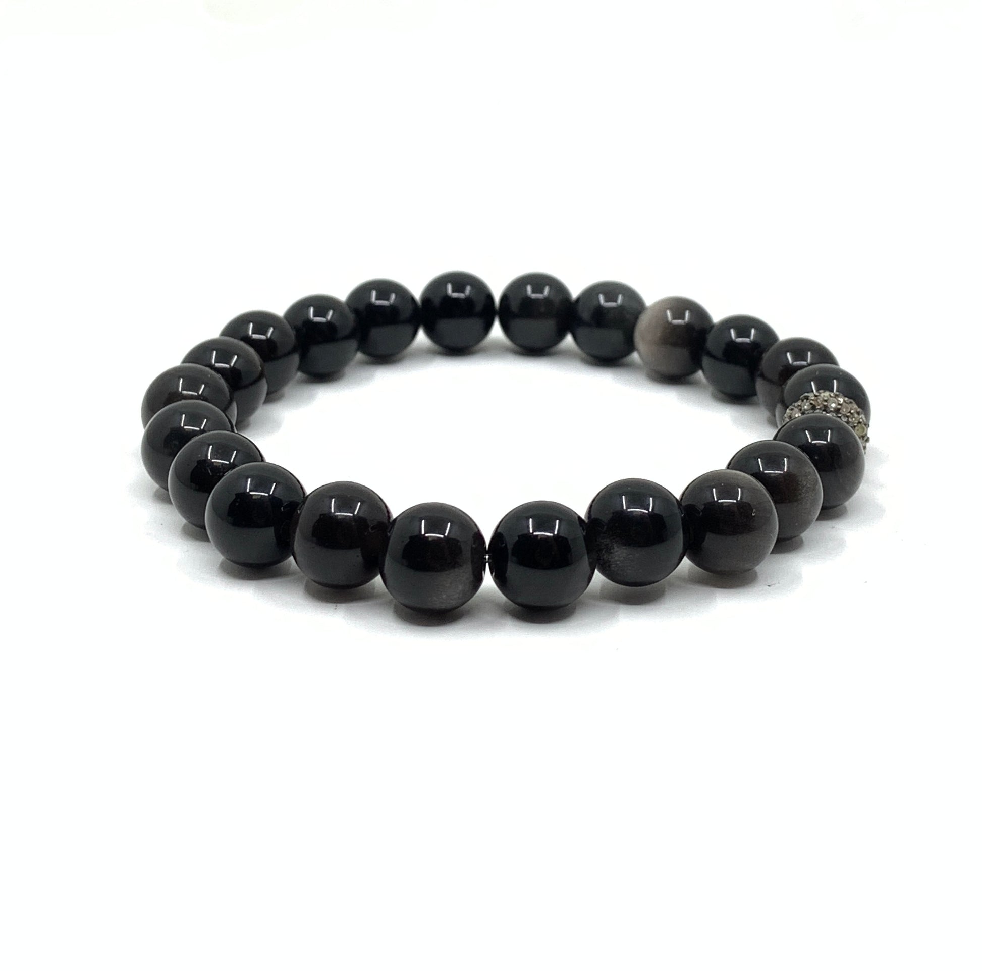 8mm silver obsidian diamond bead bracelet