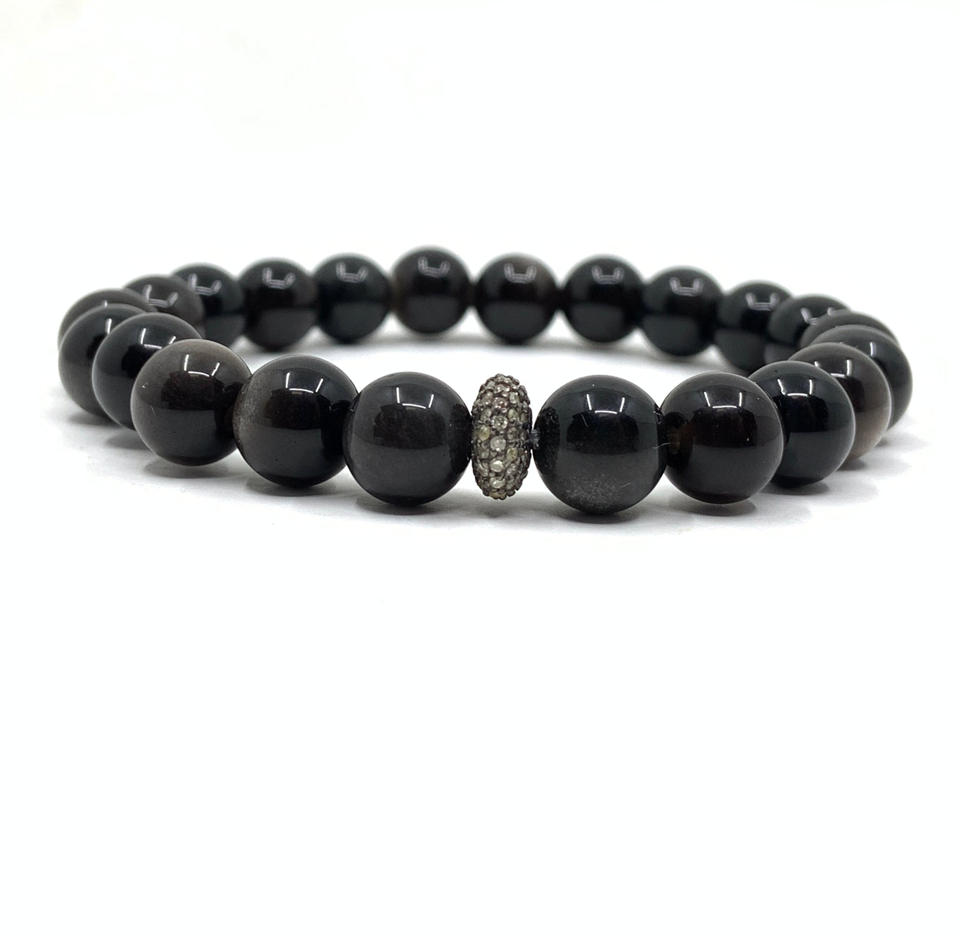 Silver Obsidian Healing Stone Bracelet with Diamond Accent bead