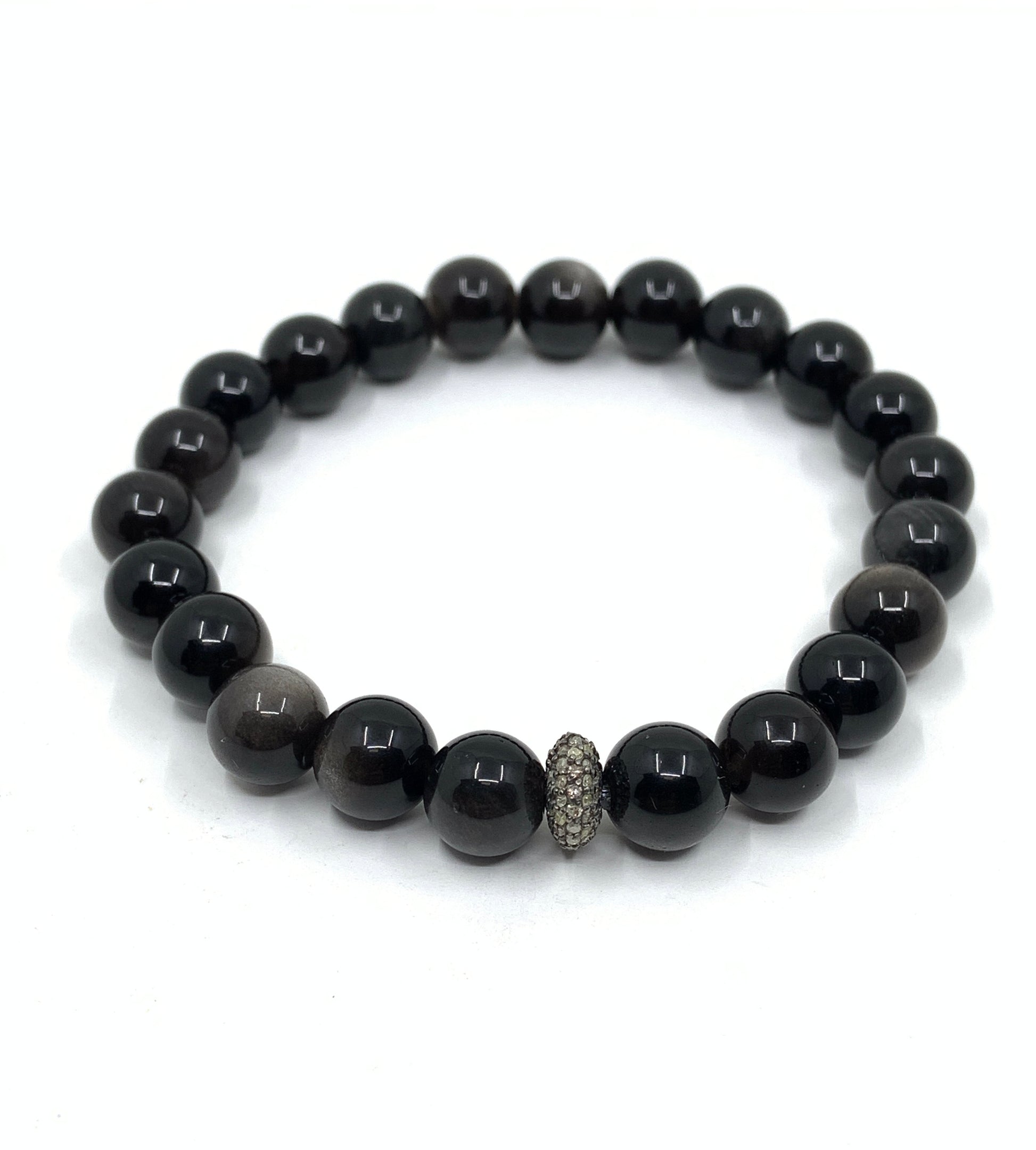 Silver obsidian diamond bead bracelet for men and women