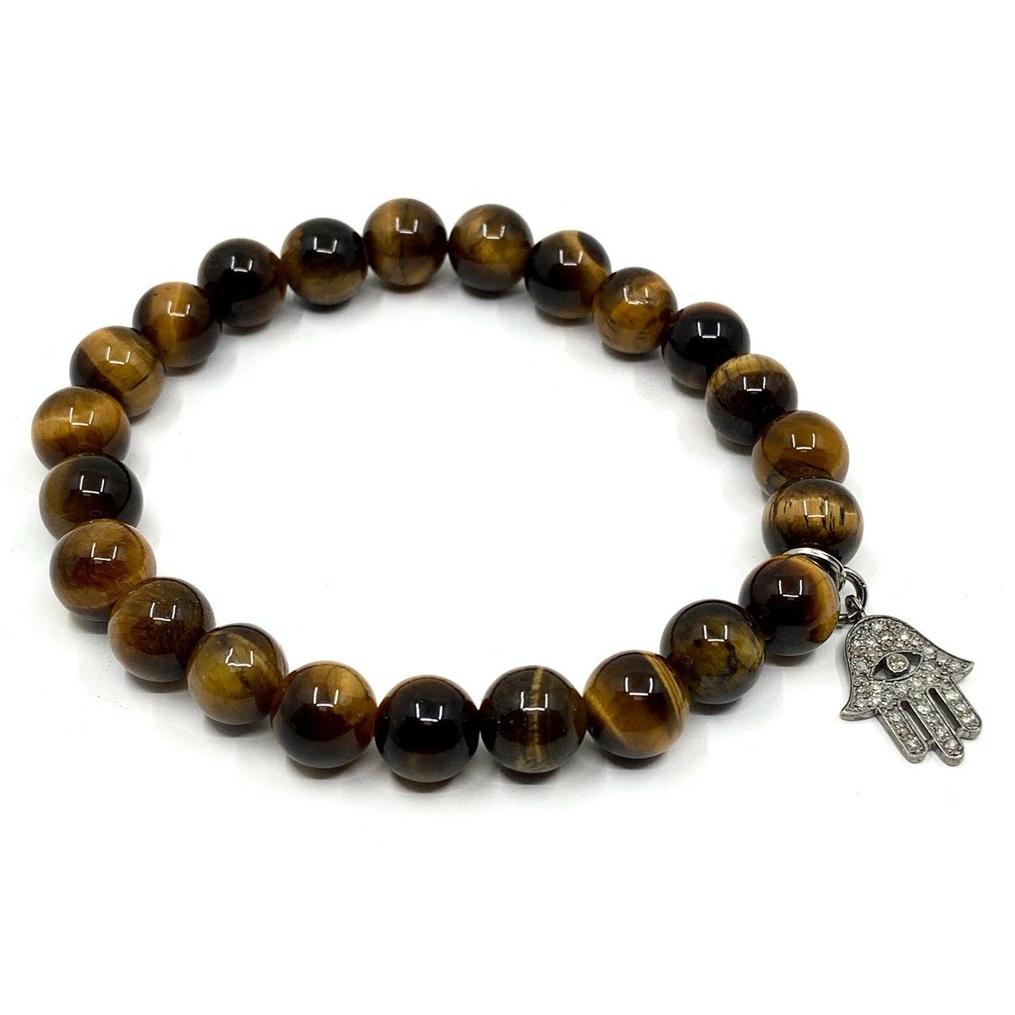 8mm Tiger eye beaded bracelet with diamond hamsa evil eye charm