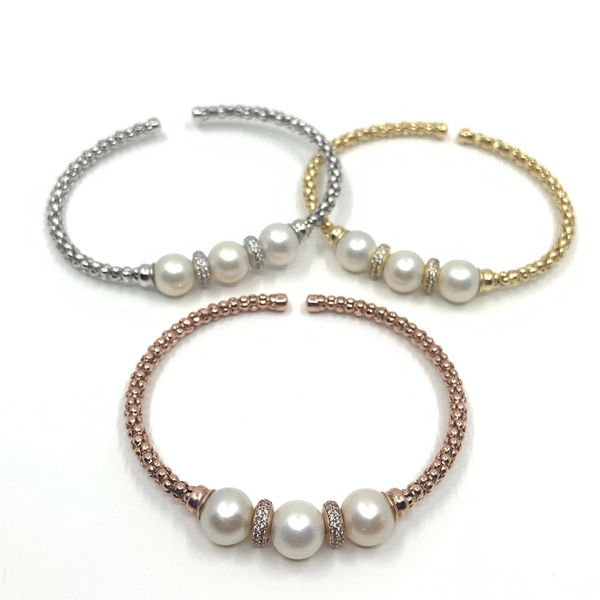 Rose gold, gold and silver twisted cable bangle bracelet with pearls