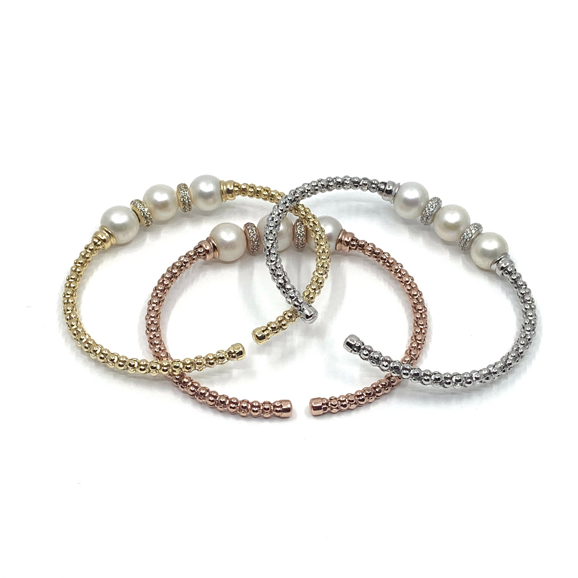 Gold, Rose gold and silver twisted cable bangle bracelet with pearls